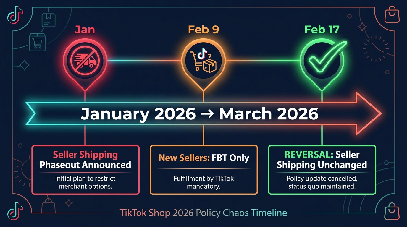 Timeline infographic of TikTok Shop's 2026 fulfillment policy announcements and reversal from January to March 2026