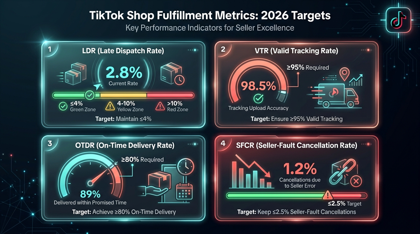 Dashboard infographic of TikTok Shop's four key fulfillment metrics — LDR, VTR, OTDR, and SFCR — with thresholds and enforcement zones