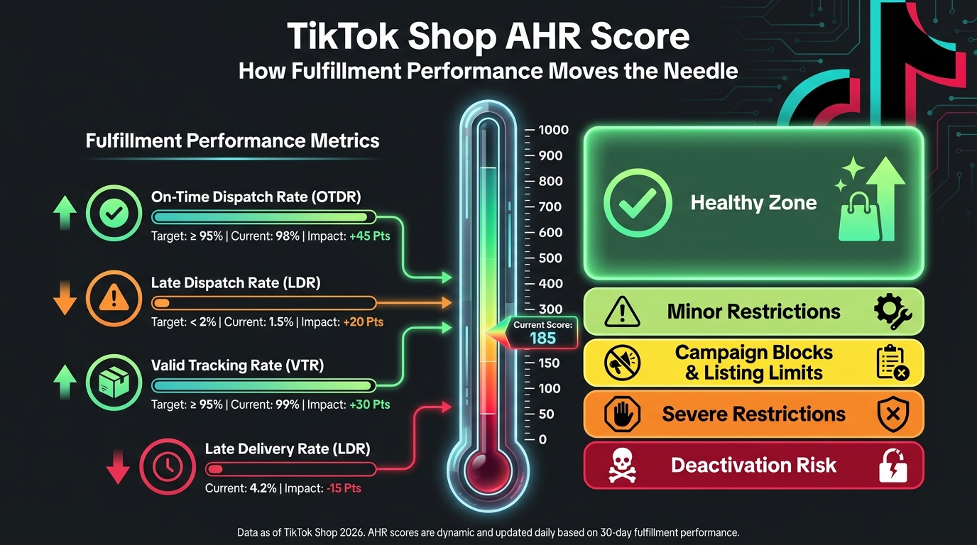 TikTok Shop Account Health Rating (AHR) thermometer gauge showing enforcement milestones from 0 to 1000 points