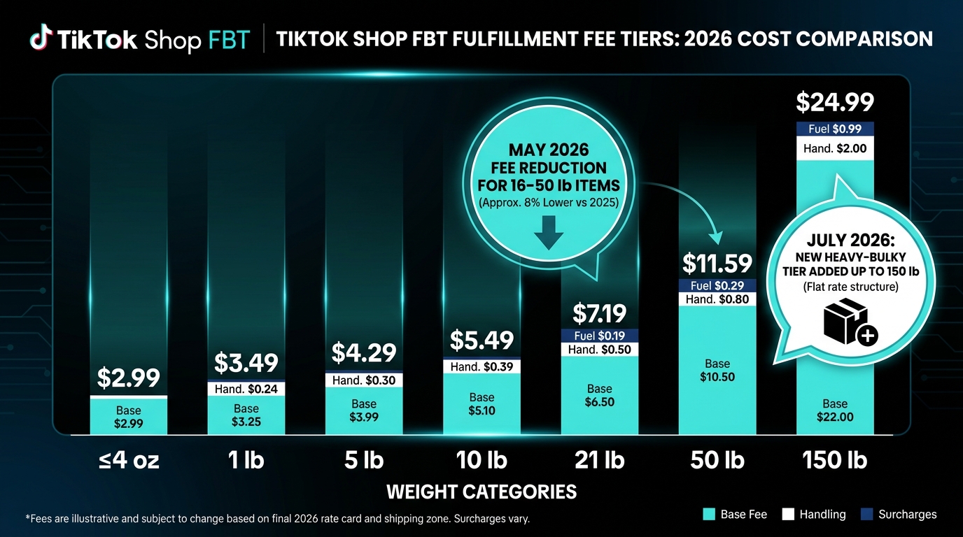 FBT fee tier chart for TikTok Shop 2026 showing per-unit fulfillment costs by weight category with May and July 2026 fee change callouts
