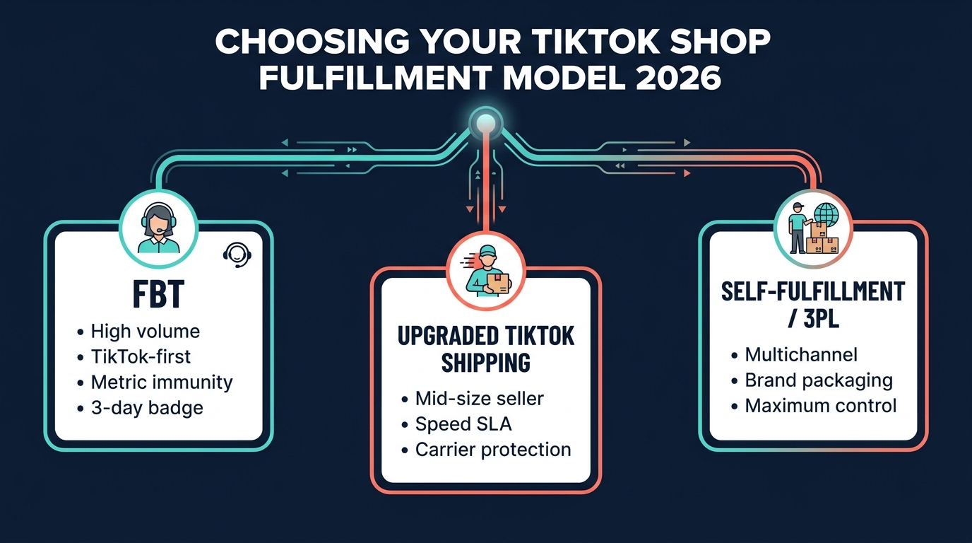 Decision tree flowchart for choosing TikTok Shop fulfillment model in 2026 — FBT, Upgraded TikTok Shipping, or Self-Fulfillment/3PL