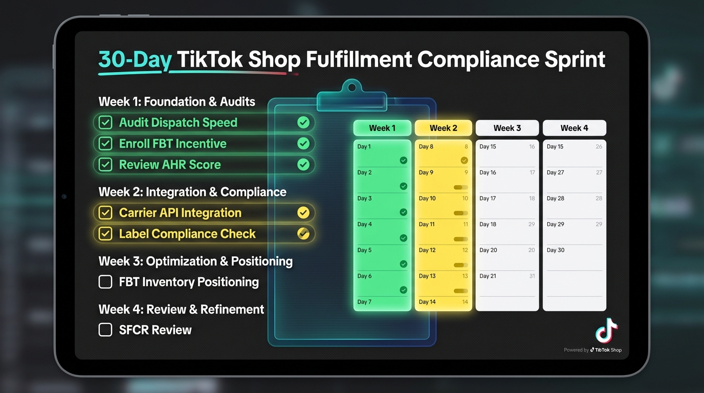 30-day TikTok Shop fulfillment compliance checklist with weekly task breakdown organized by priority and timeline