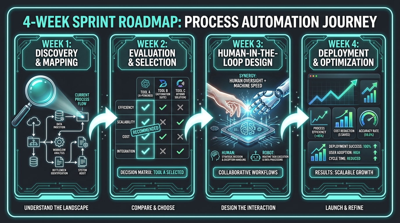 Four-panel weekly sprint roadmap showing discovery, tool selection, human-in-the-loop design, and metrics dashboard phases