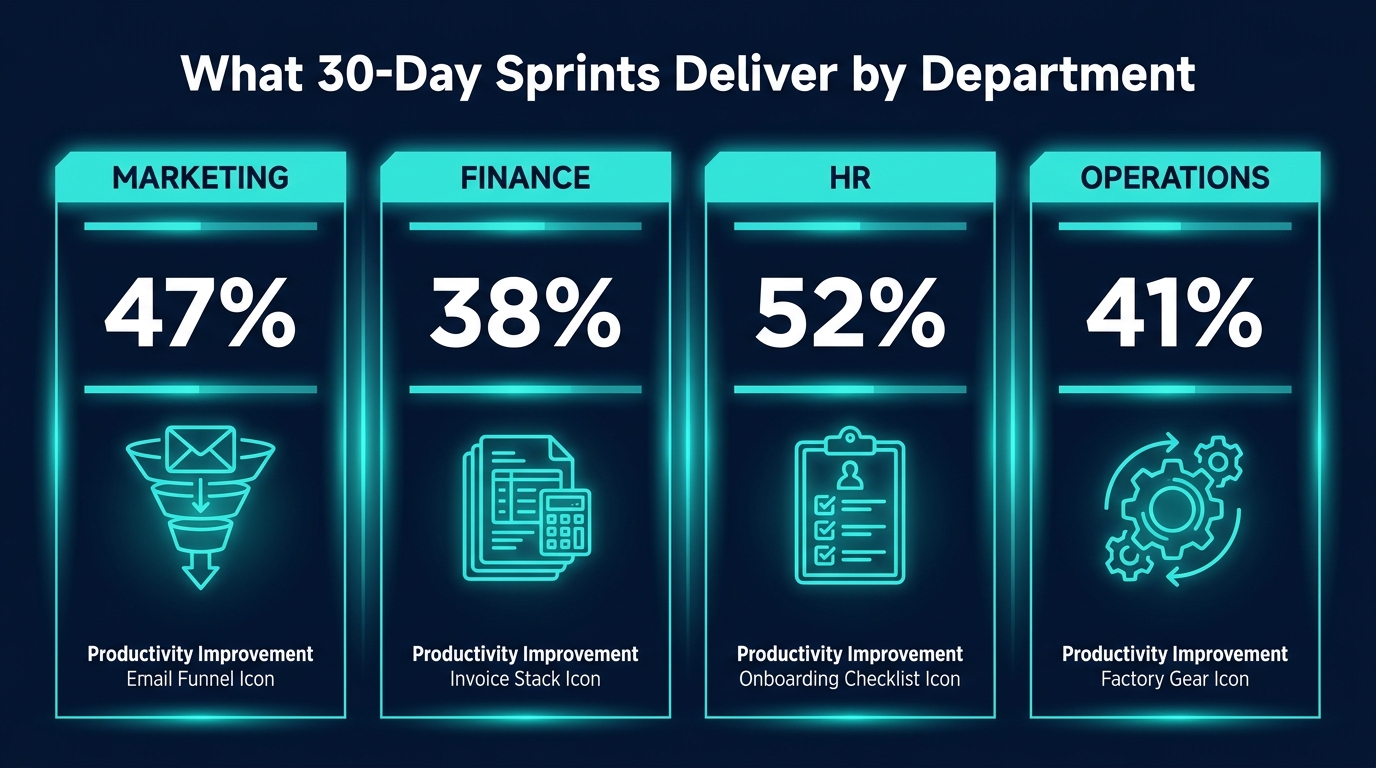 Department automation sprint results comparison showing productivity improvements across marketing, finance, HR, and operations