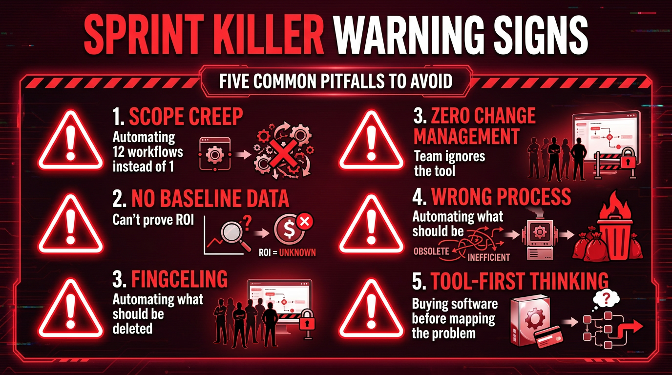 Warning signs of sprint failure including scope creep, missing baseline data, change management failures, automating flawed processes, and tool-first thinking