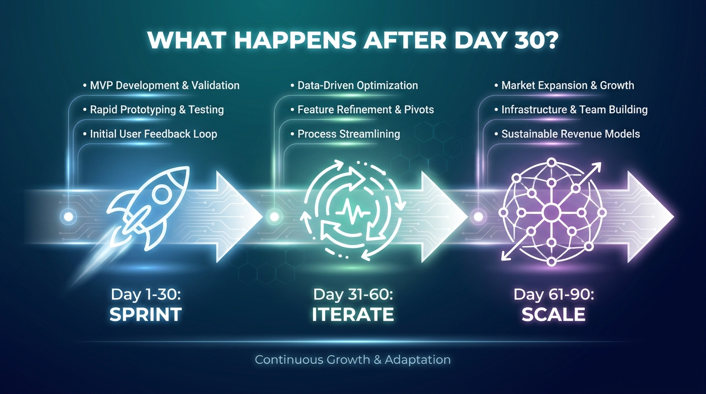 Post-sprint scale-up roadmap showing Day 1-30 sprint, Day 31-60 iteration, and Day 61-90 scale phases