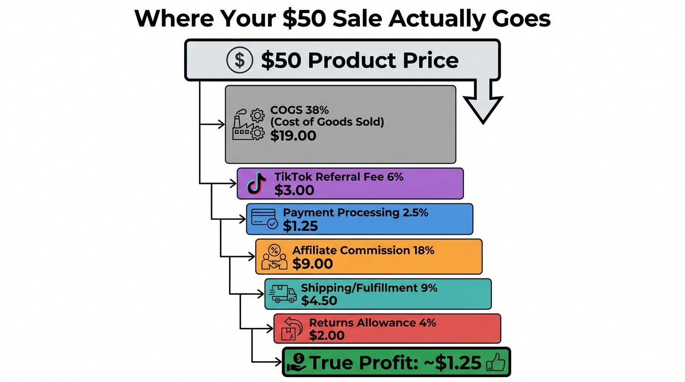 TikTok Shop cost stack breakdown — where a $50 affiliate-driven sale actually goes