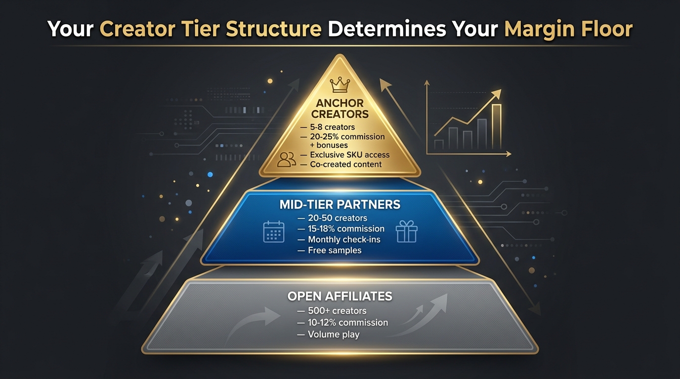 TikTok Shop creator tier structure showing anchor creators, mid-tier partners, and open affiliates