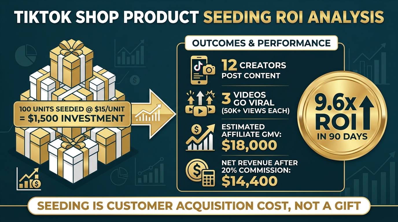 TikTok Shop product seeding ROI calculation — 100 units seeded generating 9.6x return