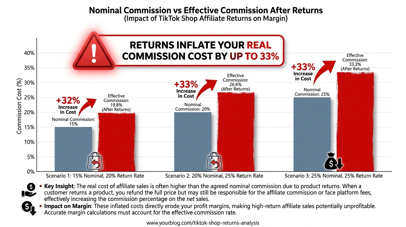 Chart showing how TikTok Shop return rates inflate effective affiliate commission costs from nominal to effective rates