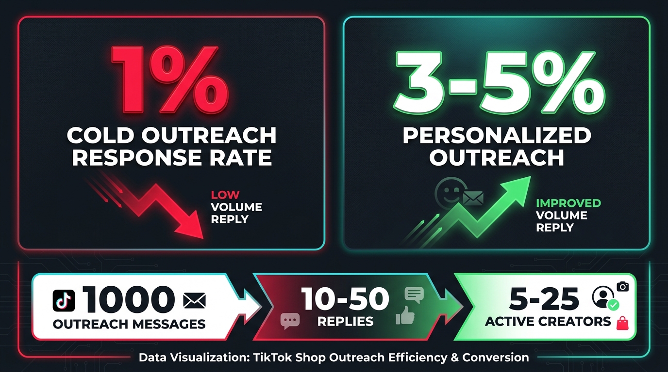 Infographic showing TikTok Shop cold outreach response rates: 1% cold outreach vs 3-5% personalized, funnel showing 1000 messages to 10-50 replies to 5-25 active creators