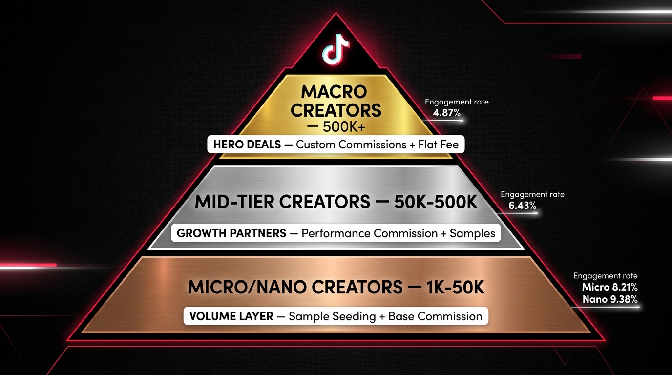 Three-tier creator pyramid showing Macro creators at top with custom commissions, Mid-tier in middle with growth partnerships, and Micro/Nano at base with sample seeding