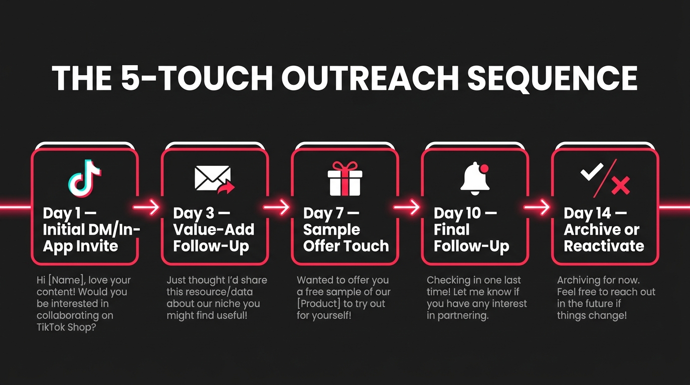 5-step TikTok Shop creator outreach sequence timeline: Day 1 Initial DM, Day 3 Value-Add Follow-Up, Day 7 Sample Offer, Day 10 Final Follow-Up, Day 14 Archive or Reactivate