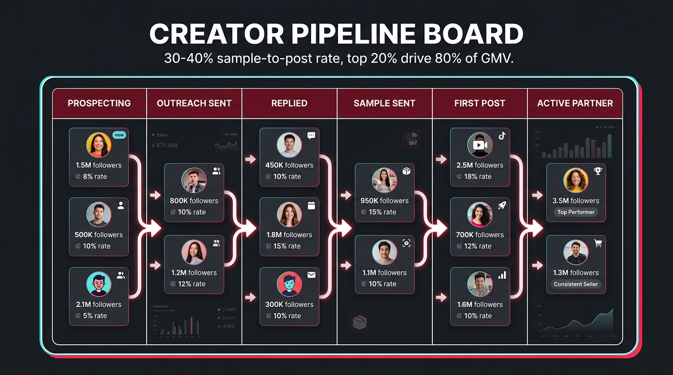 Creator CRM kanban board showing pipeline stages: Prospecting, Outreach Sent, Replied, Sample Sent, First Post, Active Partner