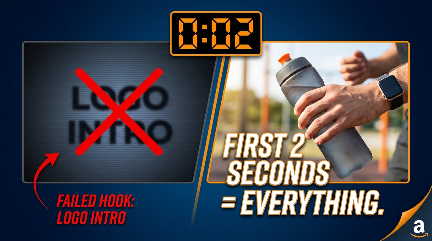 Split-screen showing a failed SBV logo intro on the left versus a winning product-in-action hook on the right, with the text FIRST 2 SECONDS = EVERYTHING