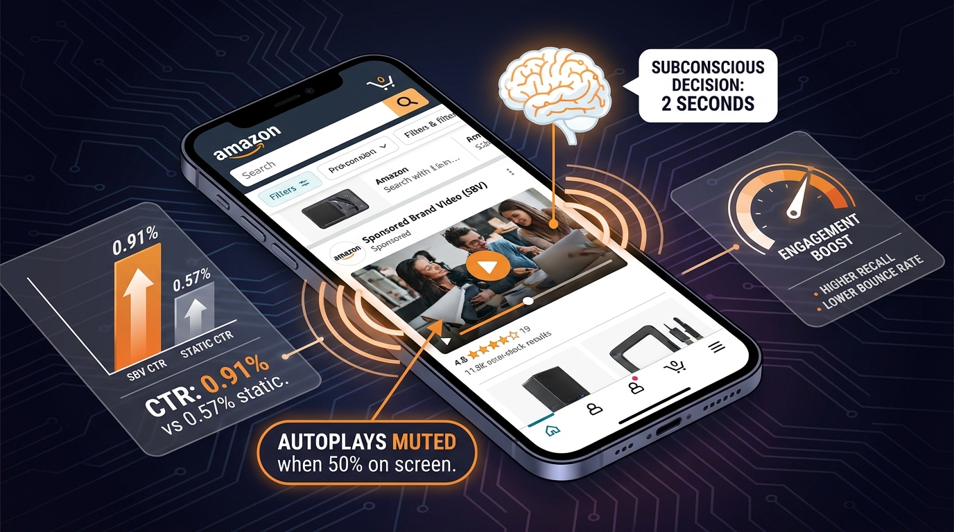 Mobile phone showing Amazon search results with SBV autoplay behavior diagram, labeled AUTOPLAYS MUTED when 50% on screen