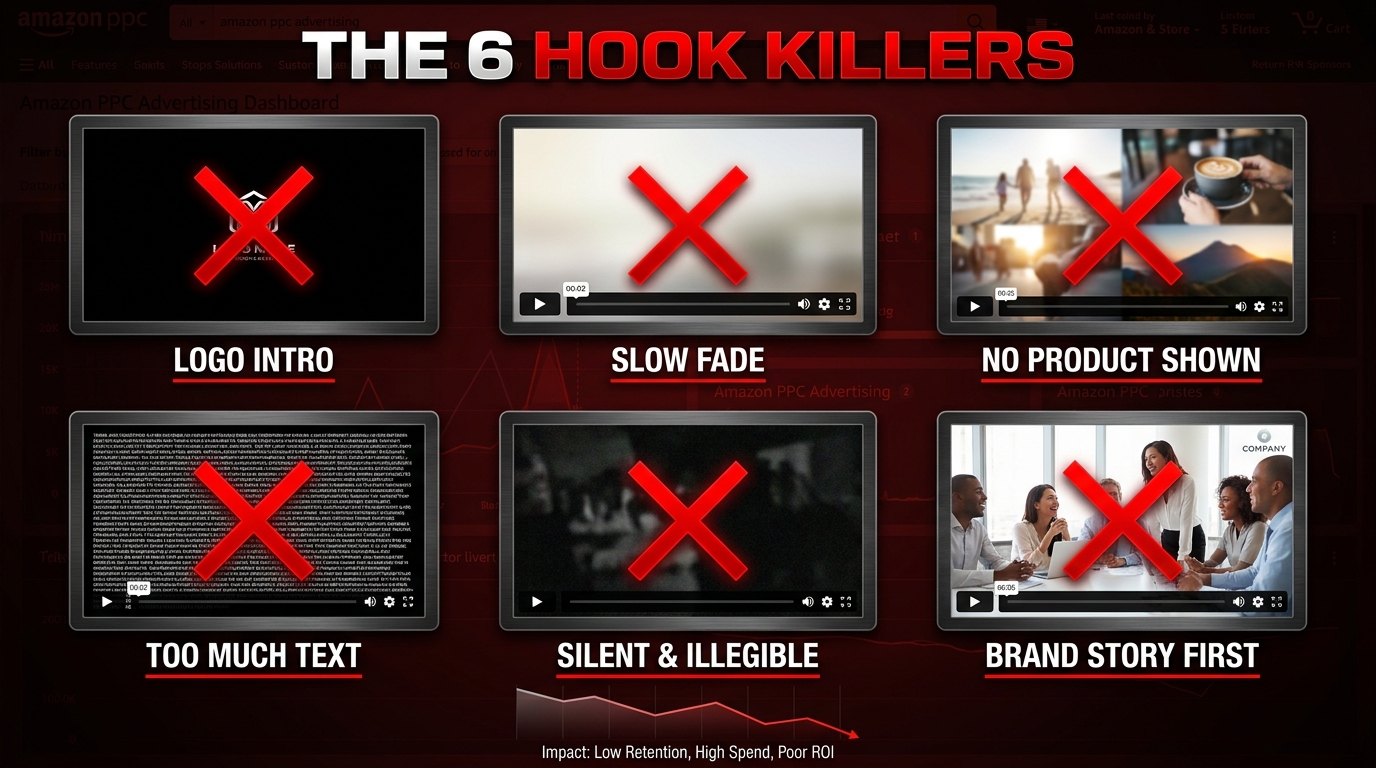 Grid of 6 SBV hook failure patterns labeled THE 6 HOOK KILLERS, showing logo intro, slow fade, no product shown, too much text, silent and illegible, and brand story first