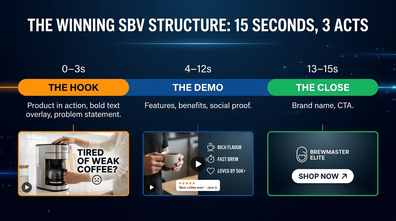 Infographic showing the winning 15-second SBV structure in three segments: Hook (0-3s), Demo (4-12s), and Close (13-15s), titled THE WINNING SBV STRUCTURE: 15 SECONDS, 3 ACTS