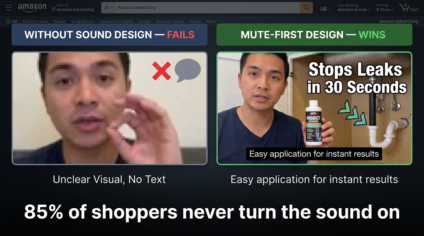 Side-by-side comparison showing a failed audio-dependent SBV frame versus a mute-first design with bold text overlay reading Stops Leaks in 30 Seconds, with caption 85% of shoppers never turn the sound on