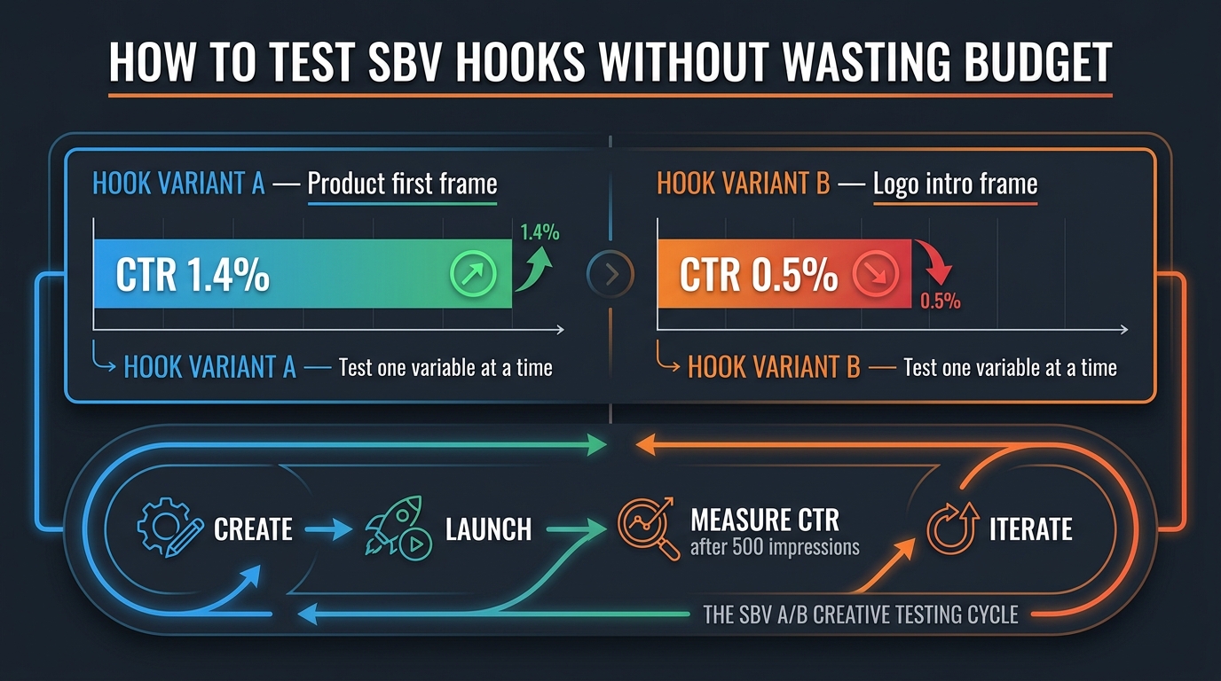 Dashboard showing SBV A/B creative testing framework with Hook Variant A at 1.4% CTR versus Hook Variant B at 0.5% CTR, labeled HOW TO TEST SBV HOOKS WITHOUT WASTING BUDGET
