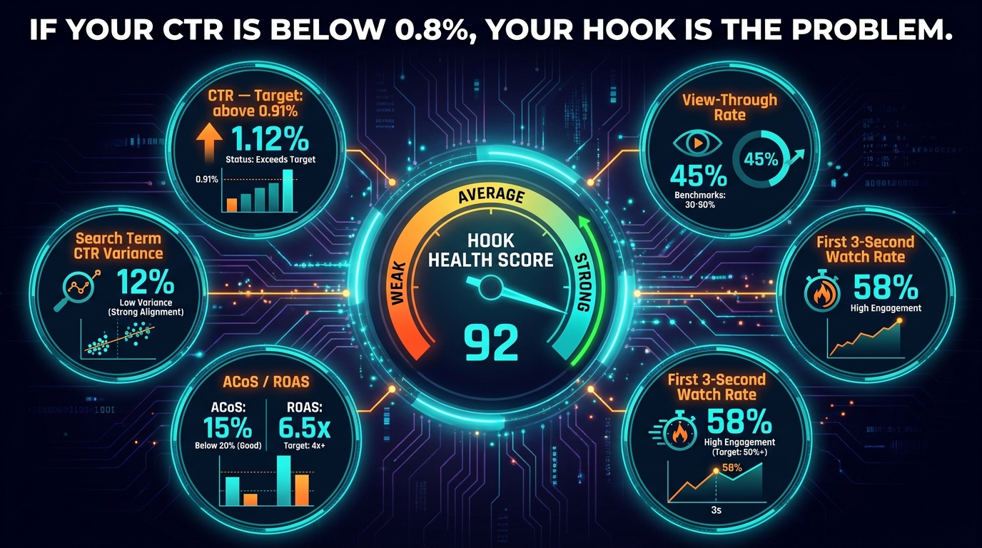 Analytics dashboard showing SBV hook performance metrics including CTR, view-through rate, and ACoS, with headline IF YOUR CTR IS BELOW 0.8%, YOUR HOOK IS THE PROBLEM