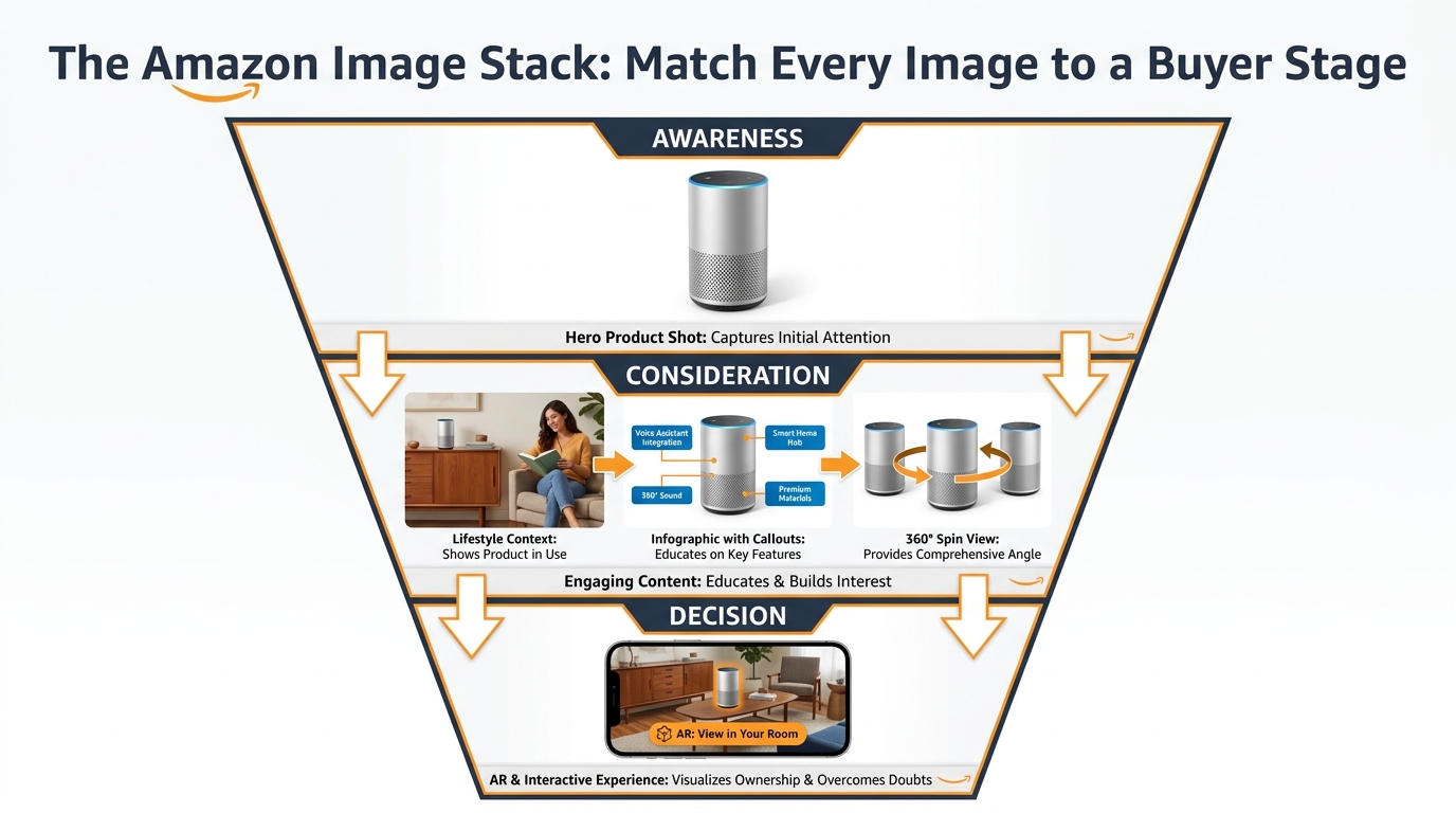 Amazon listing image stack: matching each image to a buyer stage from awareness through consideration to purchase decision