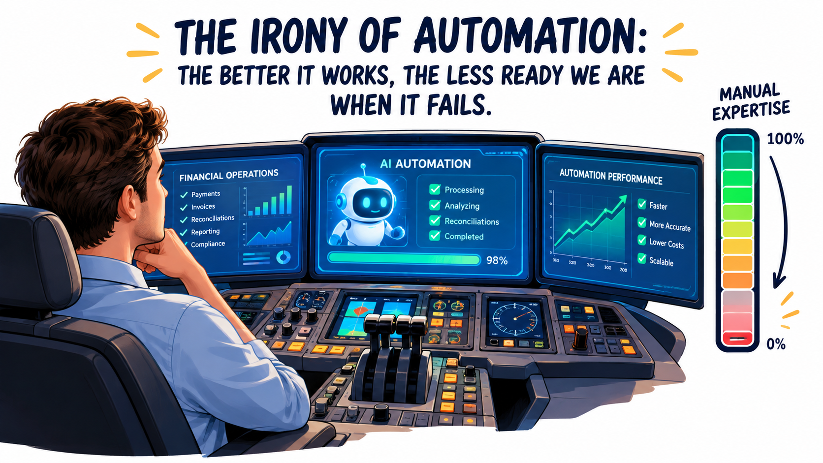 Finance operations employee watching an AI automation with a manual expertise meter declining, illustrating the irony of automation