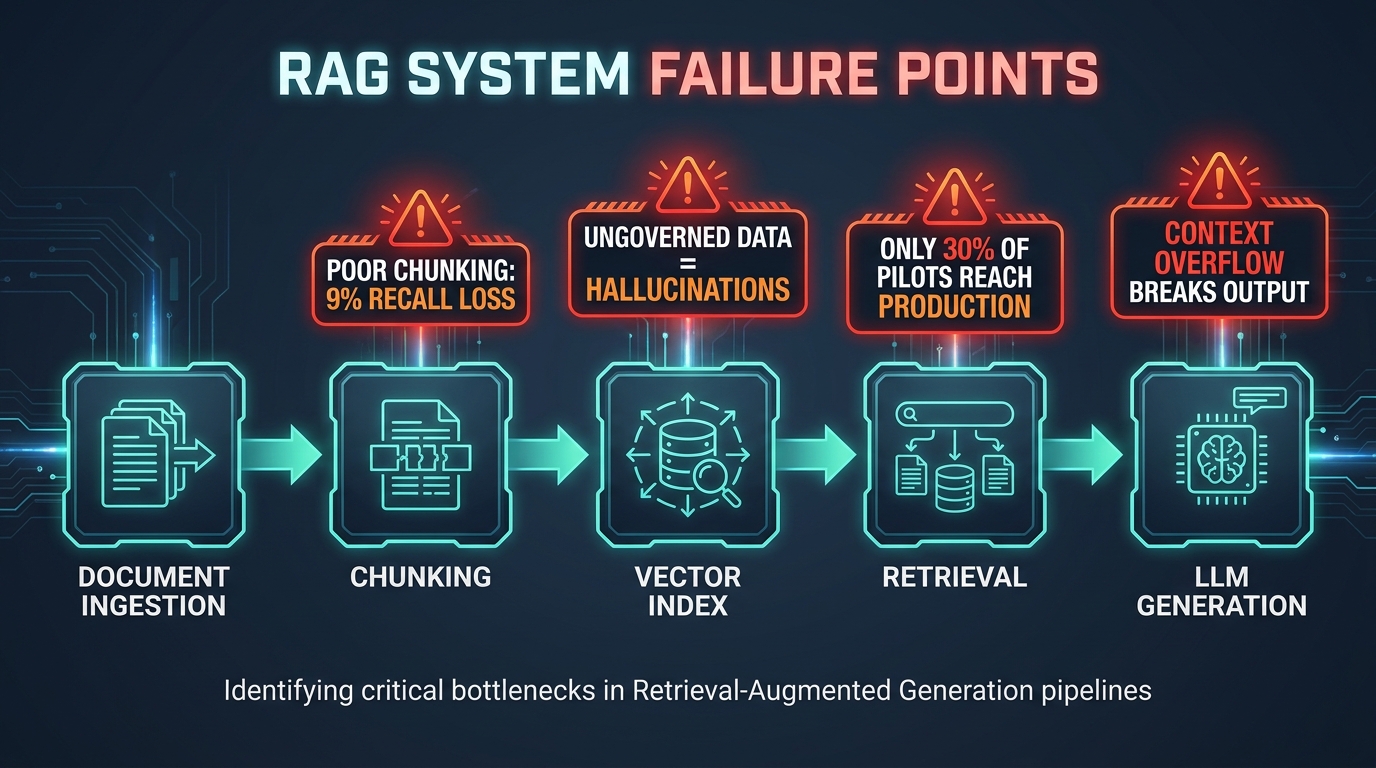 RAG system failure points pipeline diagram — showing where chunking, context, retrieval and governance failures occur