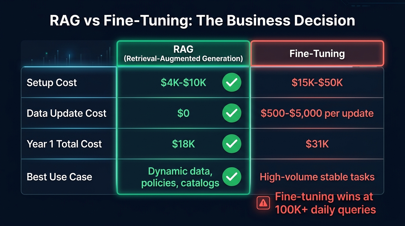 RAG vs Fine-Tuning business decision comparison chart showing costs, use cases, and when each approach wins