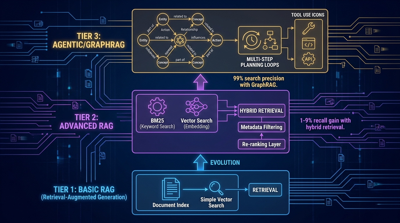 Three-tier RAG architecture evolution diagram — from basic vector search to hybrid retrieval to GraphRAG with knowledge graphs