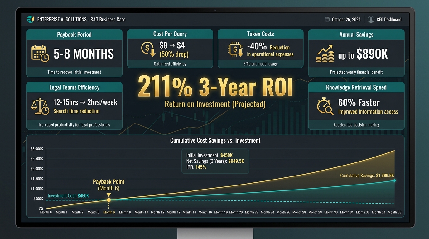 RAG ROI dashboard showing 211% three-year return, payback period of 5-8 months, and $890K annual savings