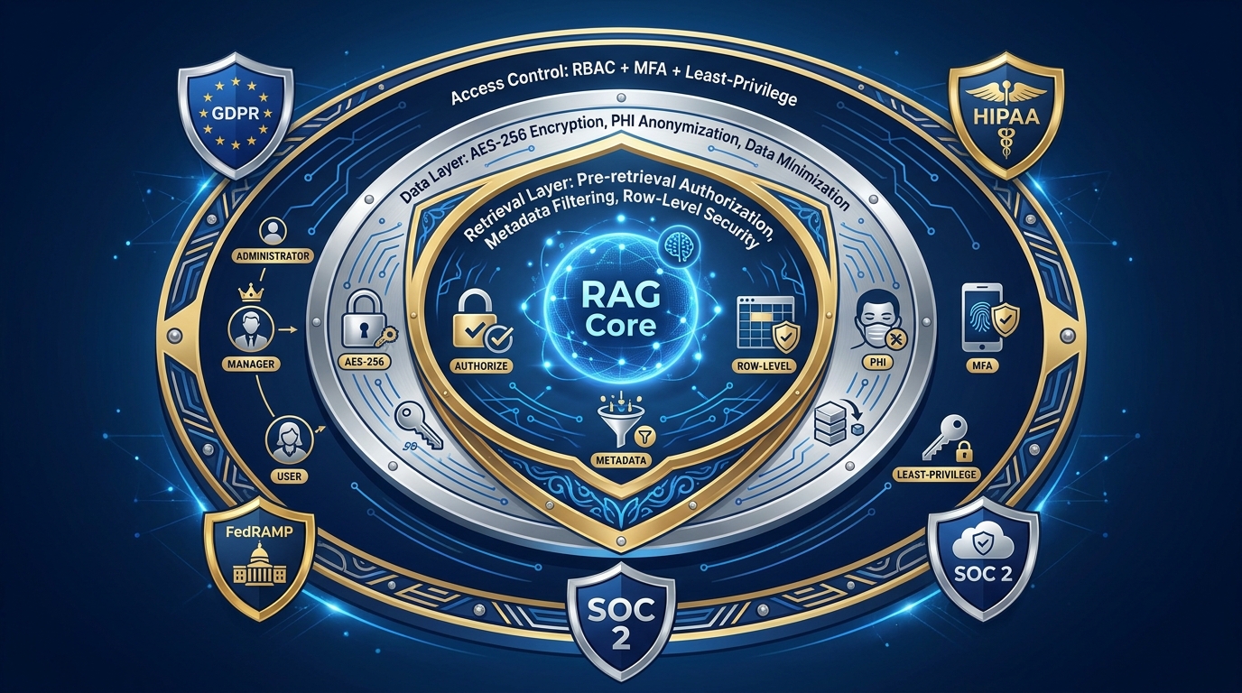 Enterprise RAG security architecture diagram showing layered access controls, encryption, and compliance frameworks