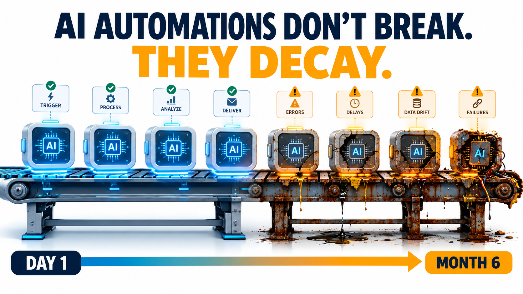 Illustration of an AI automation pipeline that looks pristine on Day 1 and rusted and leaking by Month 6, with the headline AI automations don't break, they decay