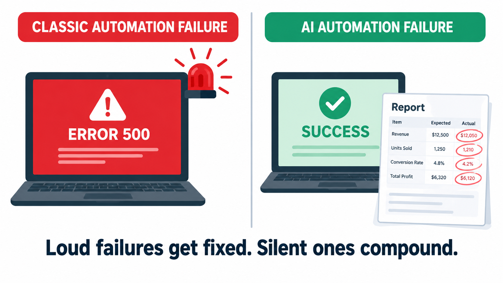 Split-screen illustration comparing a loud classic automation failure with a red error screen to a silent AI automation failure showing a green success status over subtly wrong output