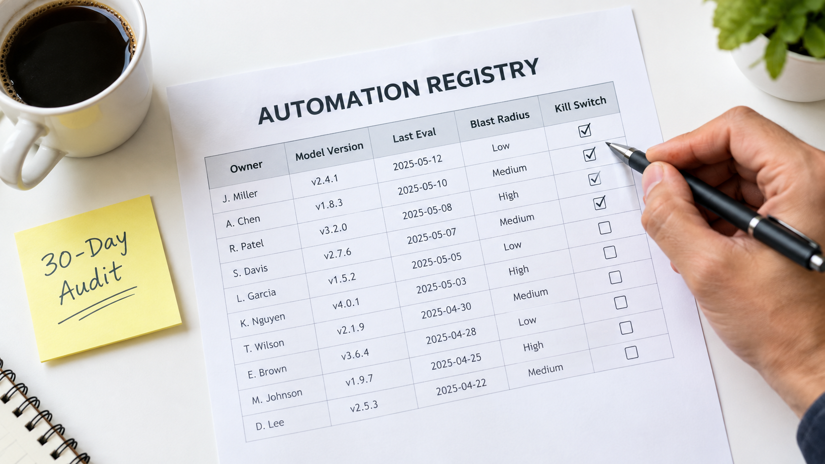 Printed automation registry spreadsheet with columns for owner, model version, last eval, blast radius, and kill switch, with a 30-day audit sticky note