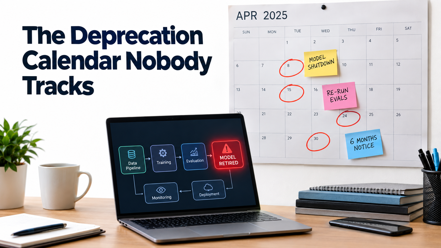 Wall calendar with model shutdown dates circled in red and sticky notes reading re-run evals and six months notice above a laptop showing a retired model node in an automation workflow