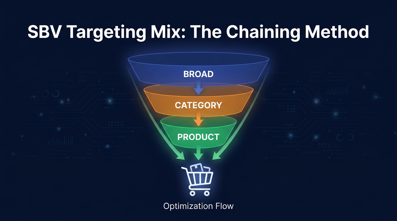 SBV Targeting Mix infographic showing Broad, Category, and Product layers in a funnel structure