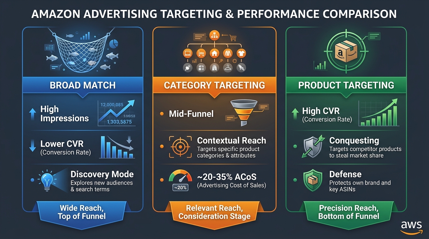 Three-column infographic comparing Broad Match, Category Targeting, and Product Targeting for Amazon SBV with ACoS and CVR benchmarks