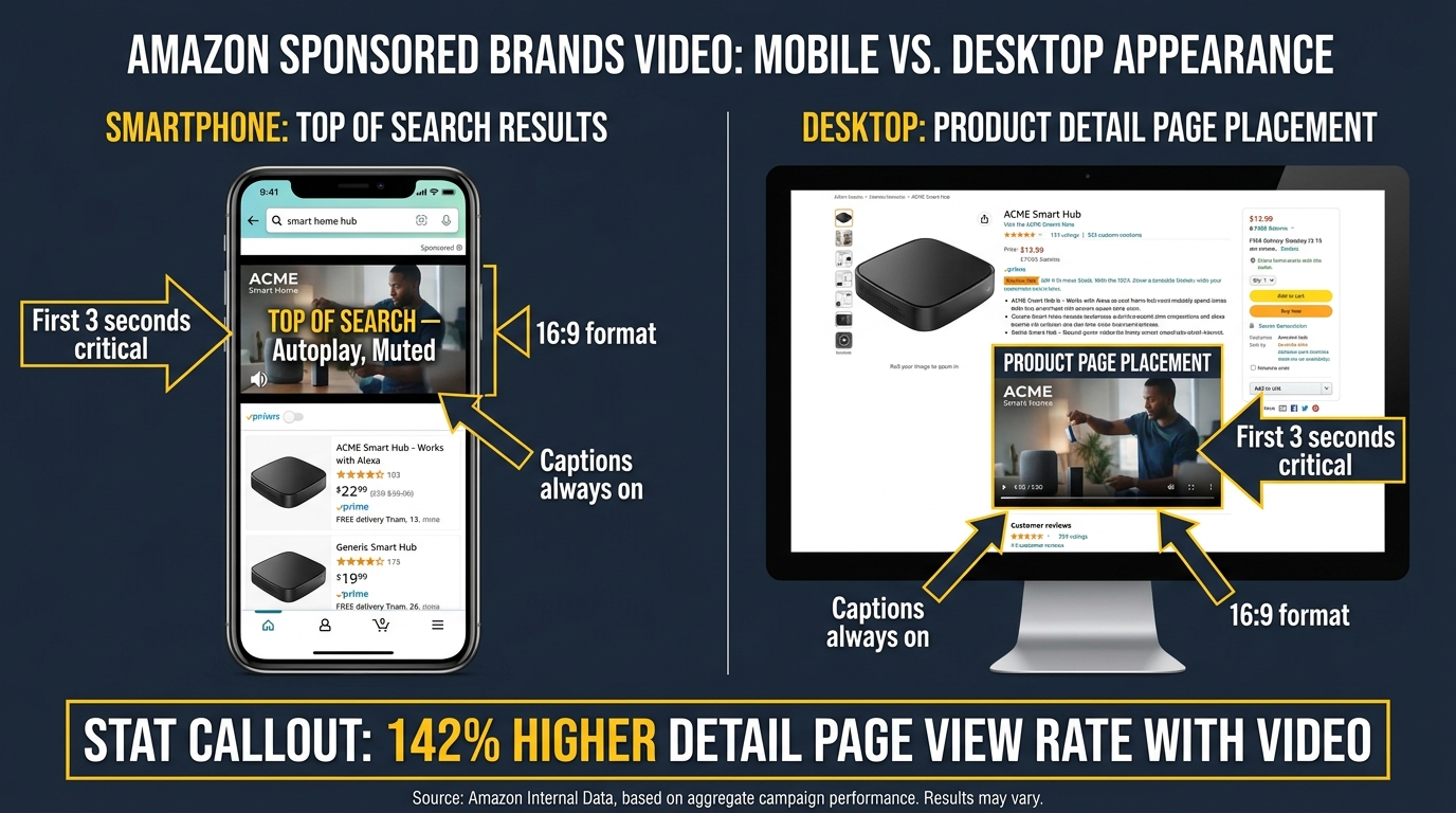 SBV placement diagram showing top-of-search and product detail page video ad placements with 142% higher detail page view rate callout
