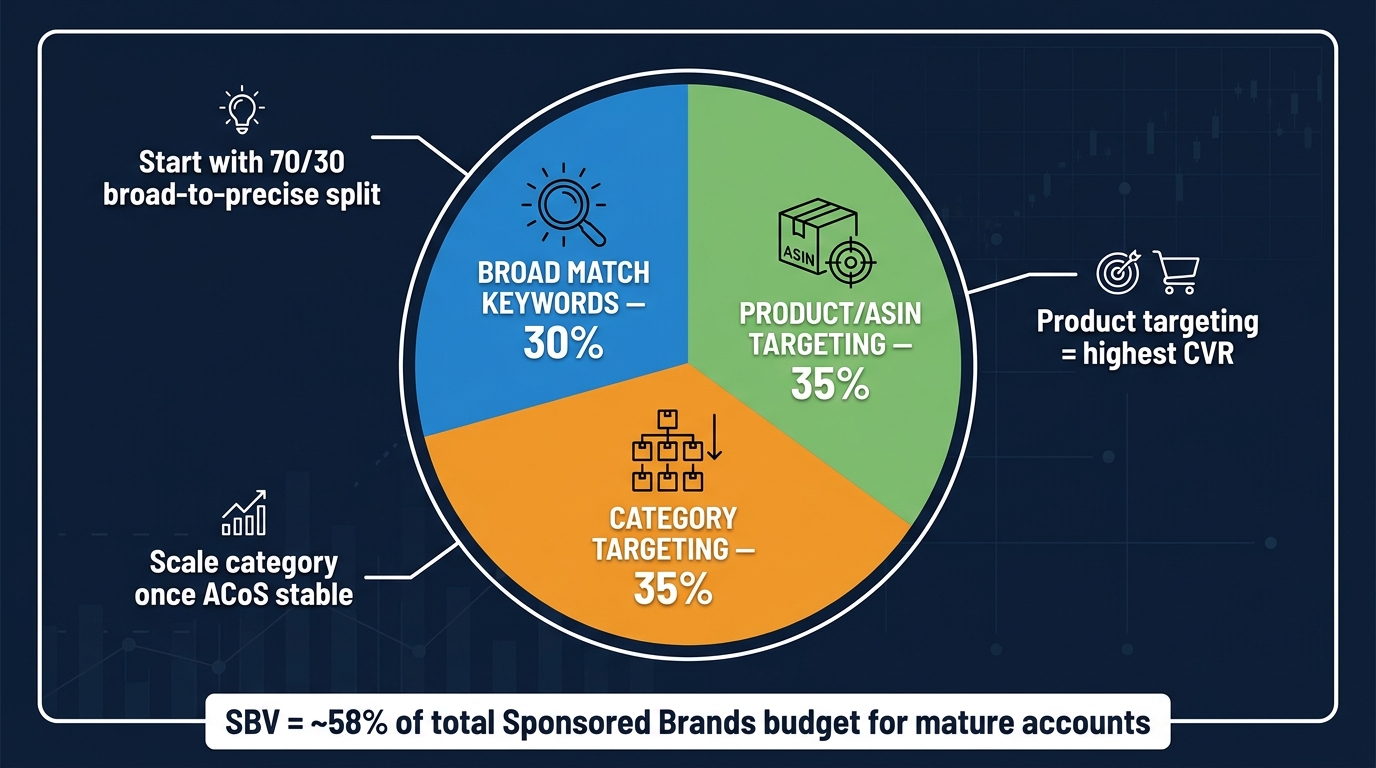 SBV budget allocation pie chart showing 30% broad match, 35% category targeting, 35% product targeting split with strategic callouts