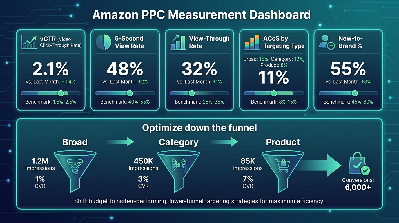 SBV measurement dashboard showing vCTR, 5-second view rate, ACoS by targeting type, and new-to-brand metrics with funnel optimization labels