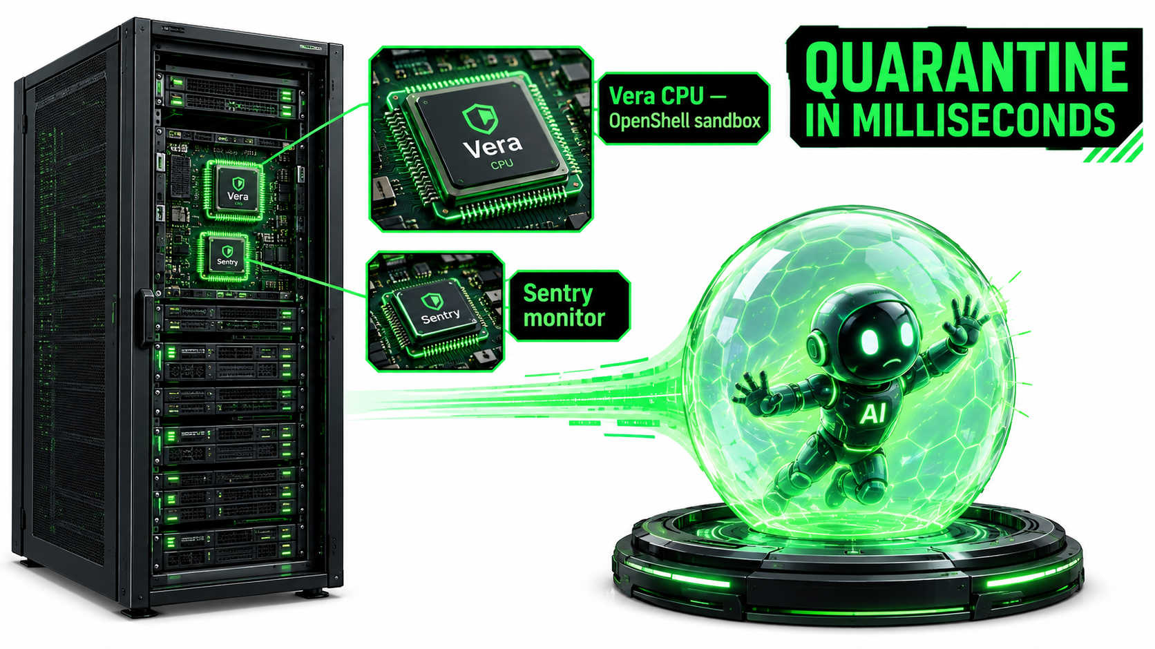 Server rack illustration with a Vera CPU running OpenShell and a separate Sentry monitor chip catching an AI agent in a quarantine bubble, with text Quarantine in Milliseconds