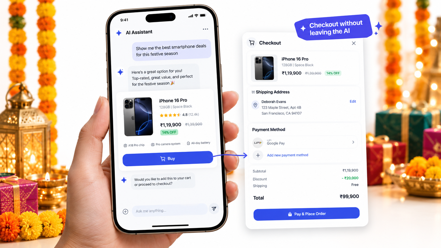 Smartphone showing an AI assistant with a product card and Buy button, with checkout sliding in, set against festive Indian shopping lights