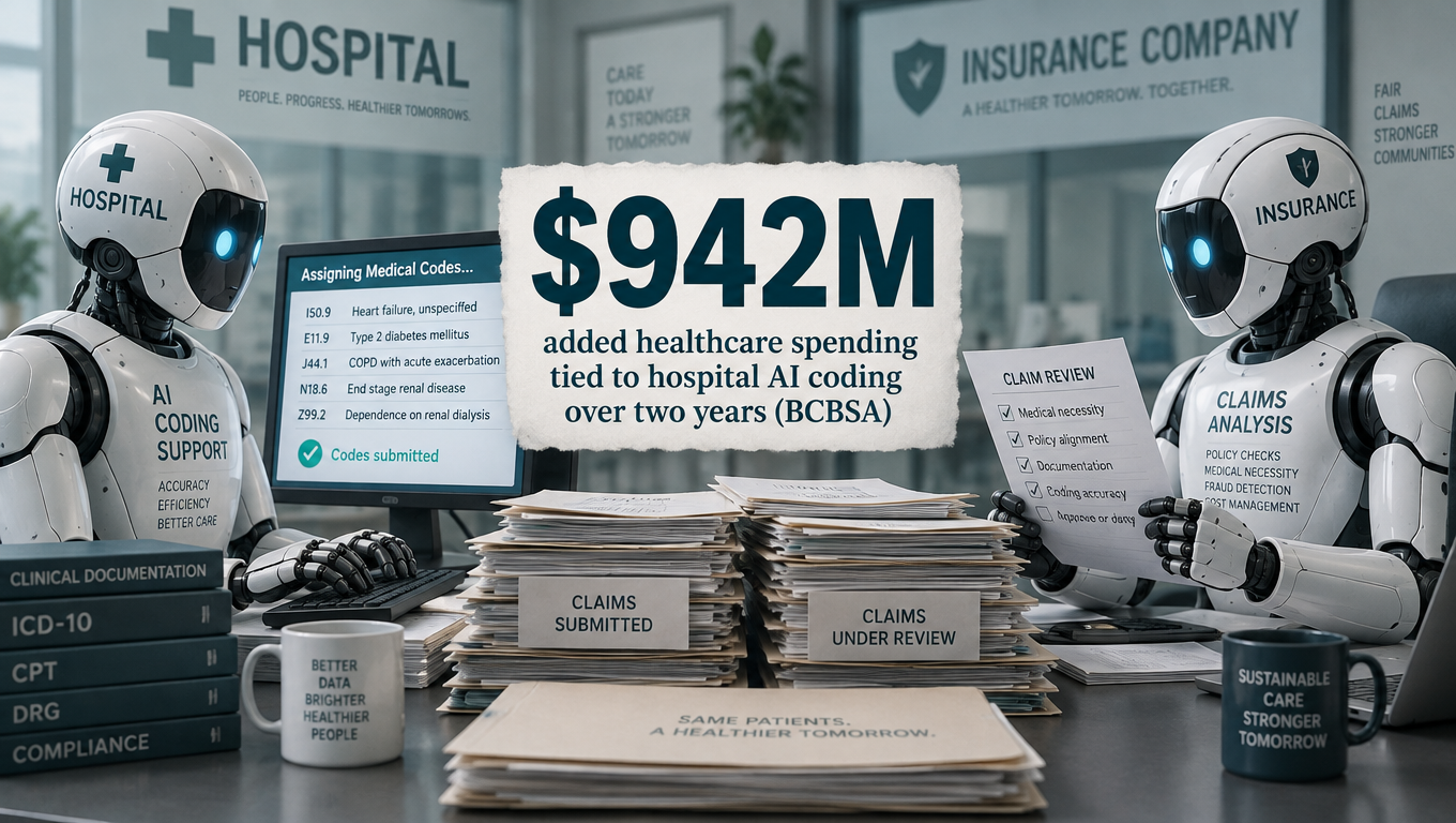 Split illustration of a hospital billing robot and an insurance robot facing each other over paperwork, with the stat $942M in added healthcare spending