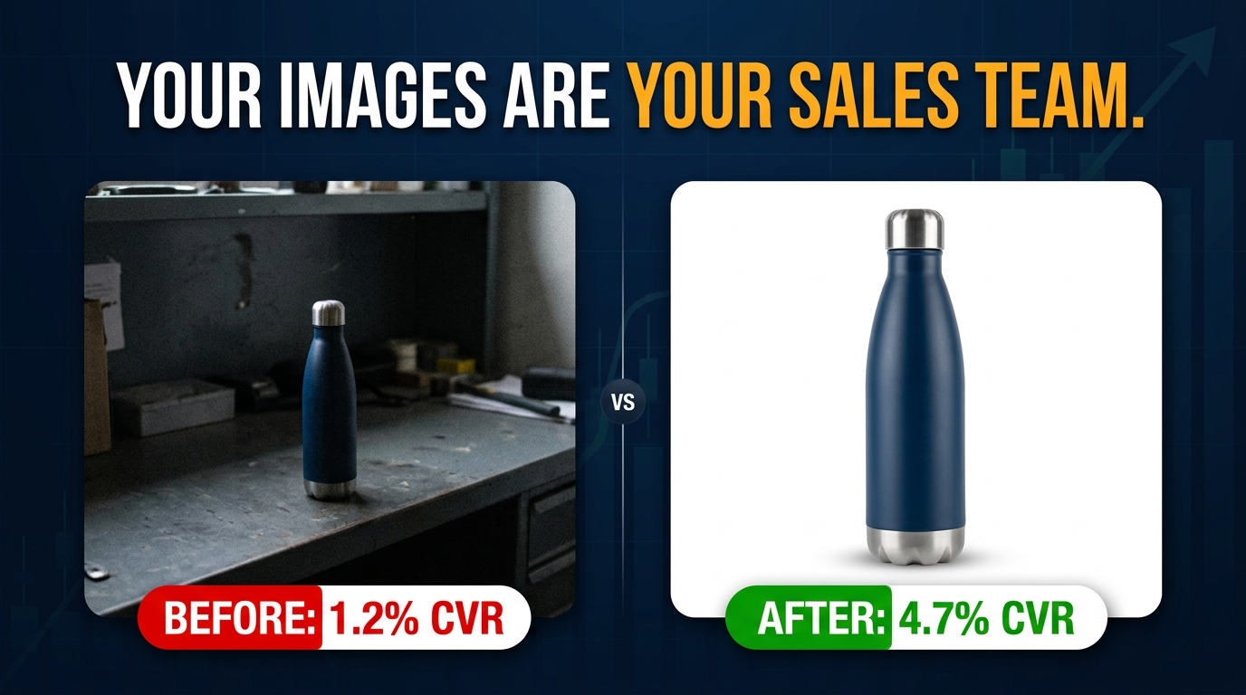 Before and after comparison of Amazon product listing images showing CVR improvement from 1.2% to 4.7%