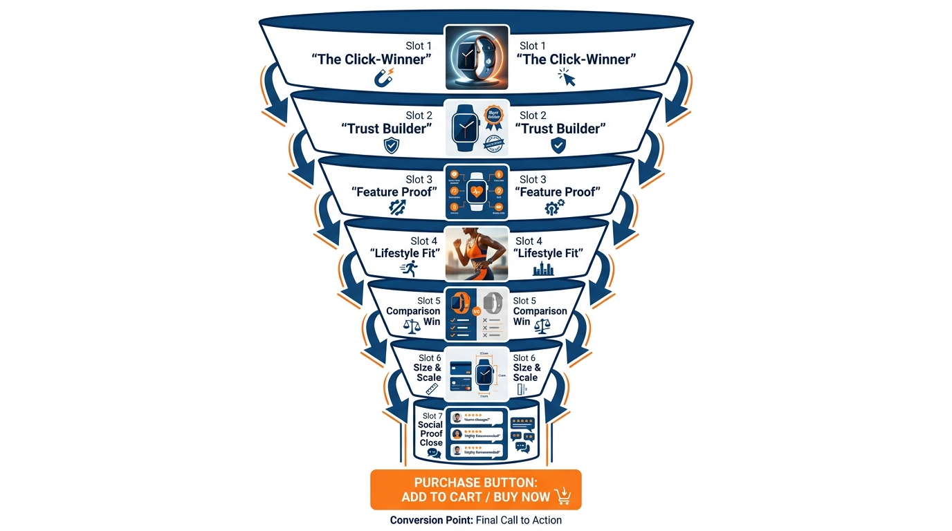 Infographic showing 7 Amazon image slots arranged as a visual sales funnel from click-winner to social proof close
