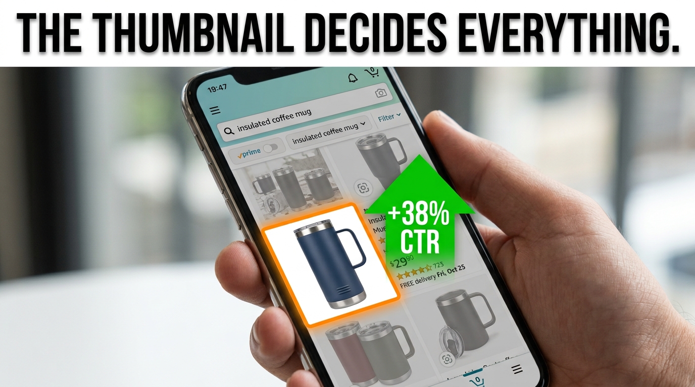 Smartphone showing Amazon search results with one product thumbnail highlighted with a +38% CTR arrow, demonstrating the importance of the main image