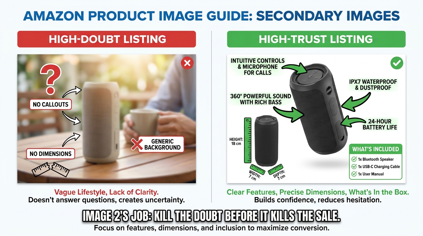 Comparison infographic showing a high-doubt Amazon listing versus a high-trust listing with feature callouts and dimension diagrams