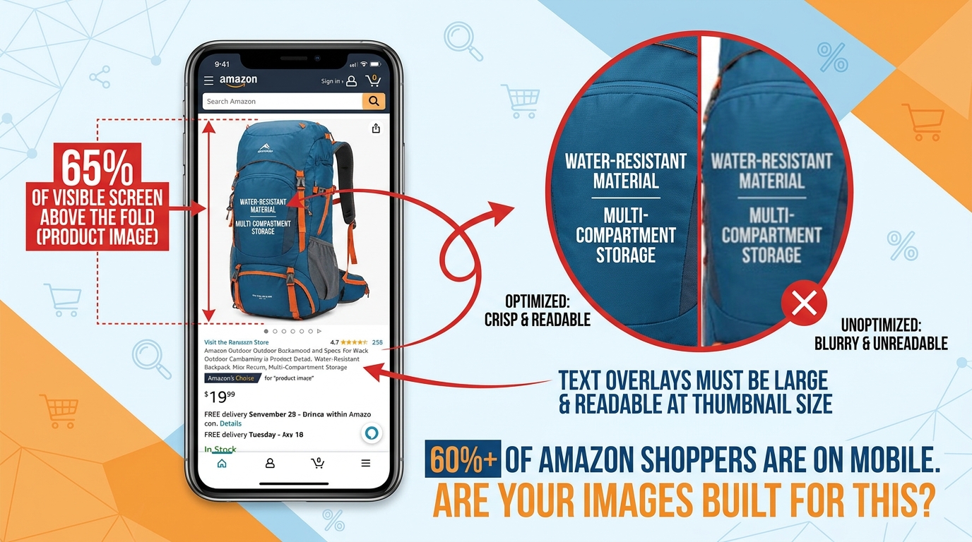 Mobile phone showing Amazon product page with annotations demonstrating how images dominate the mobile screen and why mobile-first image design matters