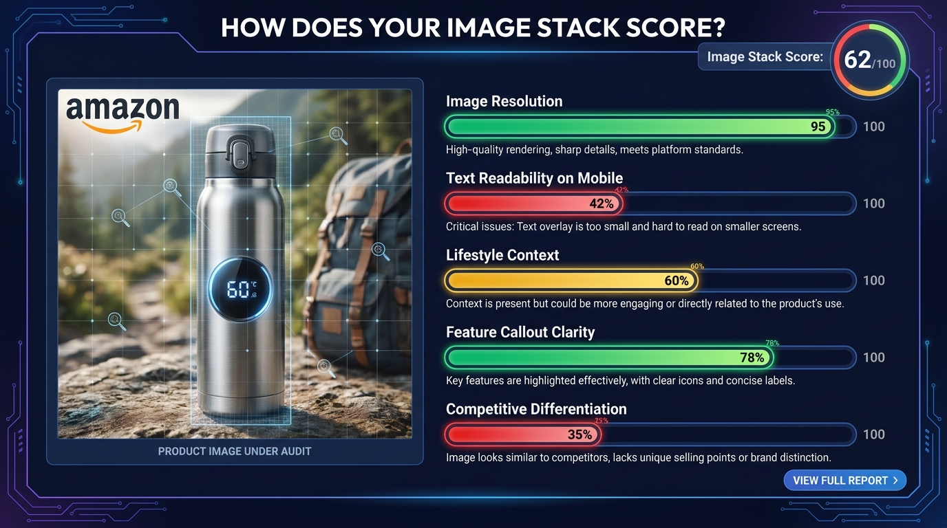 SaaS dashboard-style infographic showing an Amazon listing image audit scorecard with metric bars for resolution, mobile readability, lifestyle context, feature clarity, and competitive differentiation